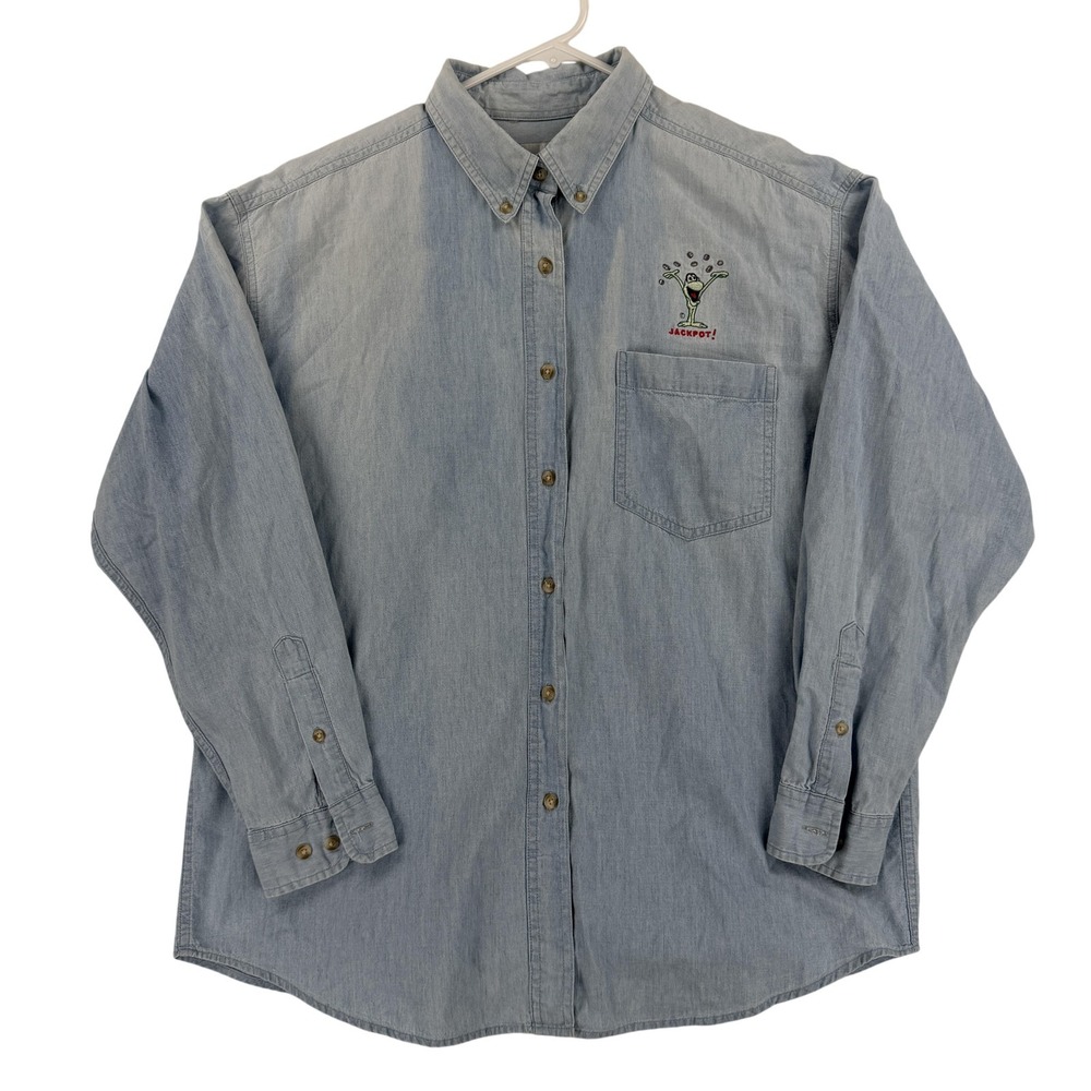 MunsingWear Shirt Womens XL Blue Chambray Button Front Jackpot Embroidery Casino